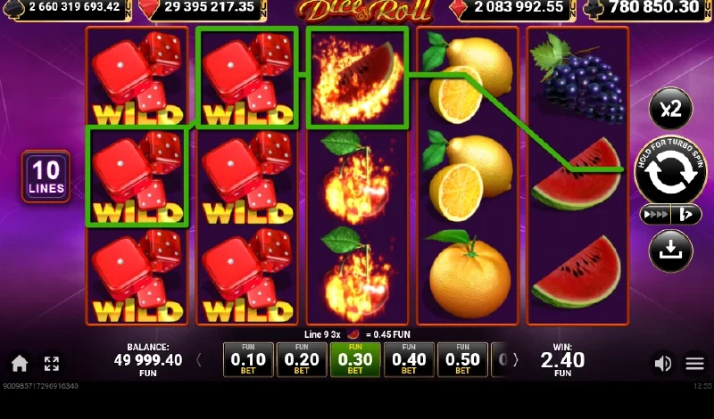 O combinație evidențiată pe linia 9 și butonul Gamble în Dice & Roll, într-o rundă cu credite FUN.