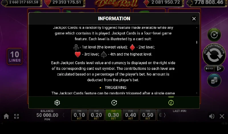 Panoul cu regulile Jackpot Cards din Dice & Roll și simbolurile celor patru suite.