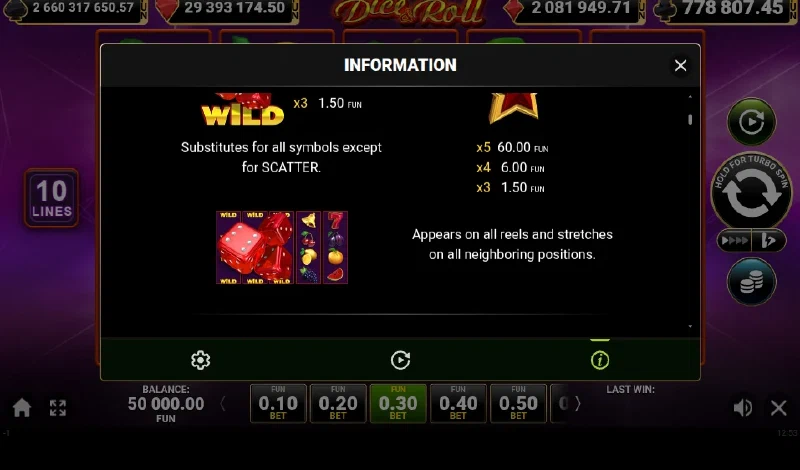 Plățile Dice & Roll pentru miza totală de 0,30 FUN, pe coloane de simboluri.