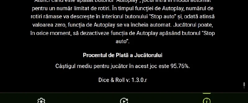 Panoul de informații Dice & Roll cu RTP 95,76% și numele ediției originale.