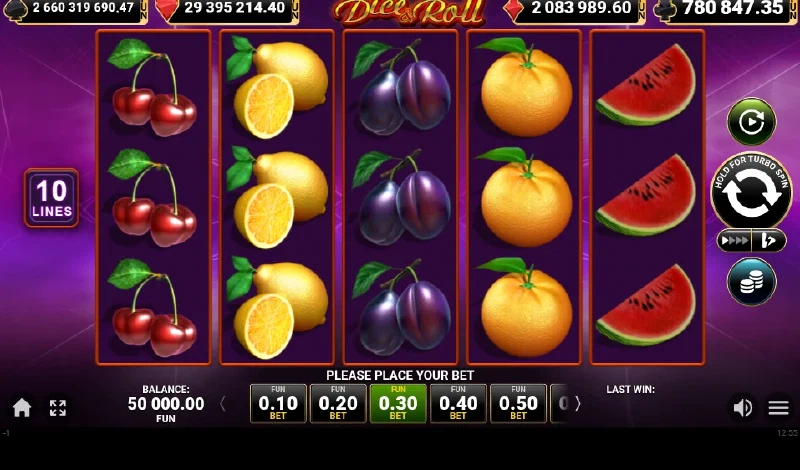 Ecranul Dice & Roll în modul demo, cu miza și soldul exprimate în credite FUN.