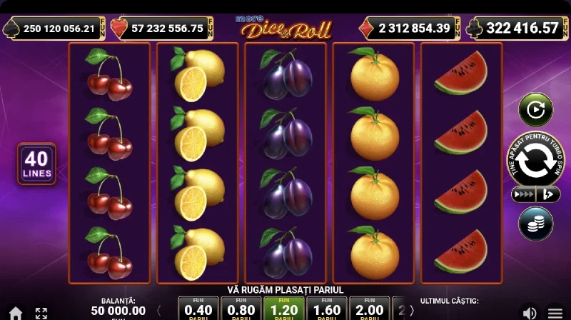 More Dice & Roll în modul demo, cu patru rânduri, 40 de linii și valori în FUN.